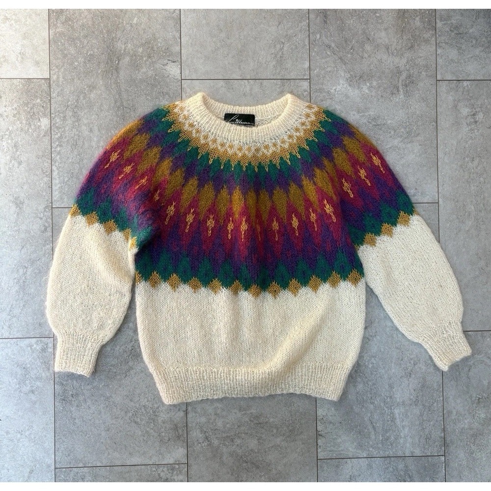 Lillunn Hand Knits of Norway Sweater L/XL Nordic Fair Isle Mohair Look Vintage